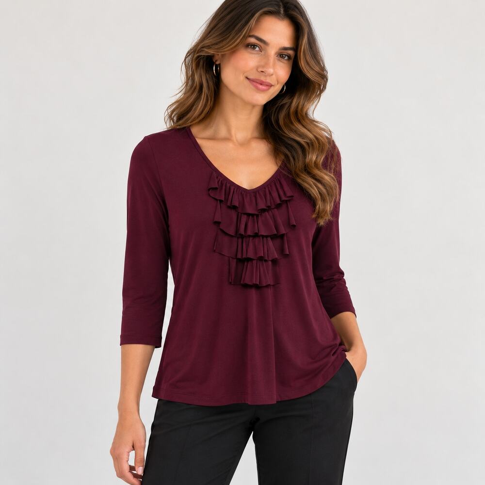 Susan Graver Liquid Knit Blouse Women's Size L Burgundy Ruffle Office Romantic